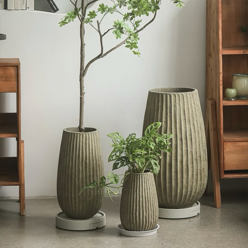 Ribbed Vertical Capsule Planters – Olive Green FB03